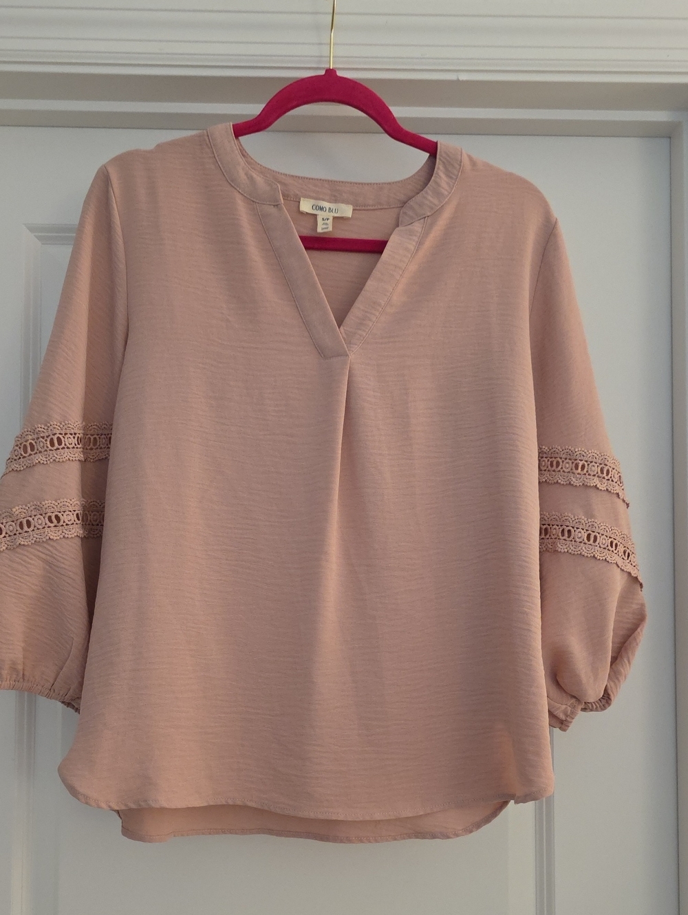 Blush Pink V-Neck Lace-Trim Balloon Sleeve Blouse 3/4 Sleeve